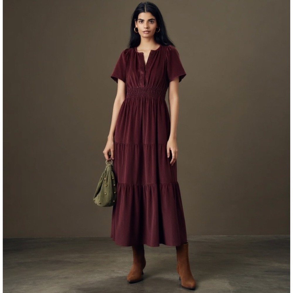 Anthropologie Somerset Maxi Dress Corduroy Edition Burgundy Wine Red S OB1790773 - Picture 2 of 9